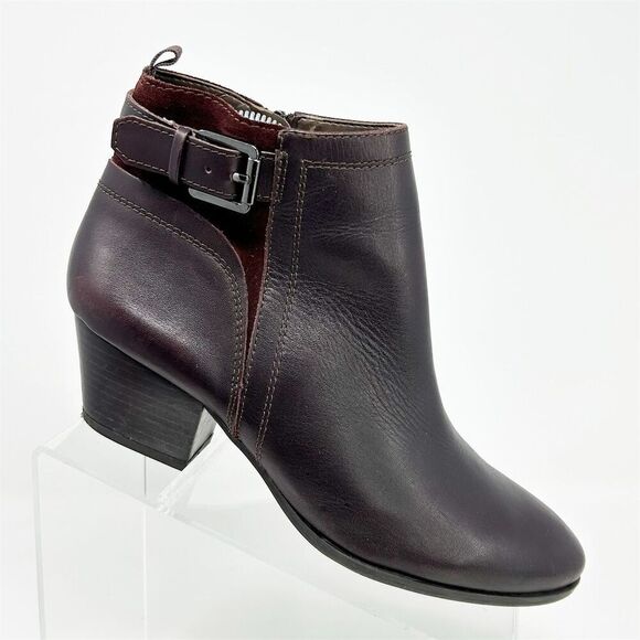 Franco Sarto Women's Dark Brown Burgundy Leather Ankle Booties Size 8.5 Mid Heel - Picture 1 of 11